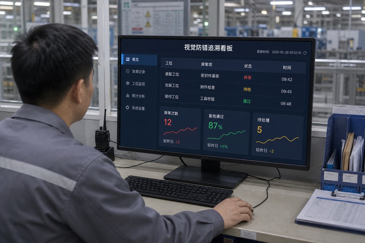 管理端查看异常记录、处理结果和工位追溯数据。